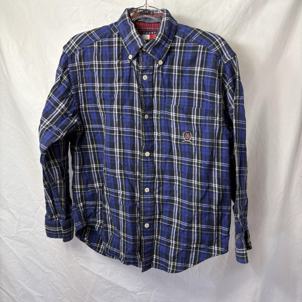 Vtg Tommy Hilfiger Boys Plaid Button Up Shirt Size 8 S Blue White Dress Classic